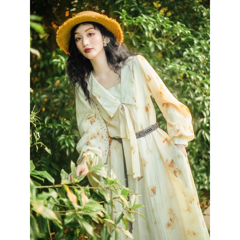 滲んだ花柄フレンチレトロワンピース