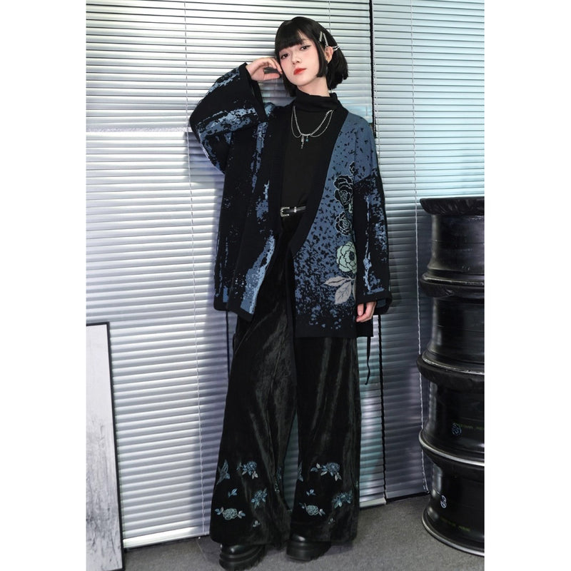 椿の花の刺繍アシンメトリーカーディガン