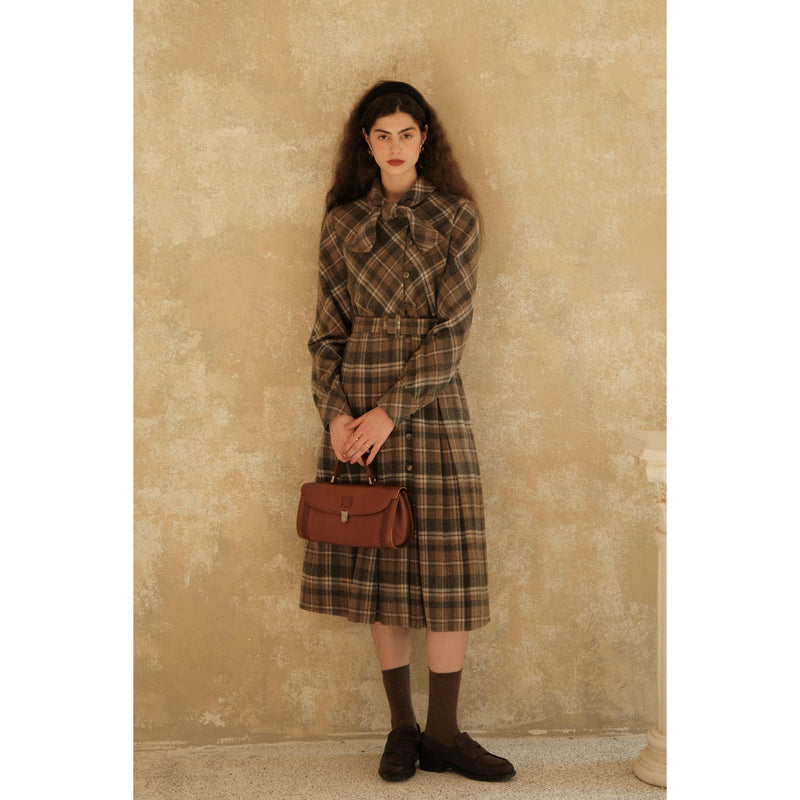 Brown Plaid Wool Coat Dress