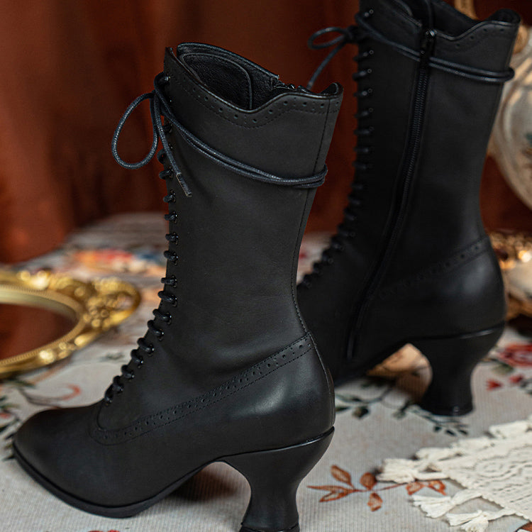 Victorian Pointed Toe Lace Up Boots - Black