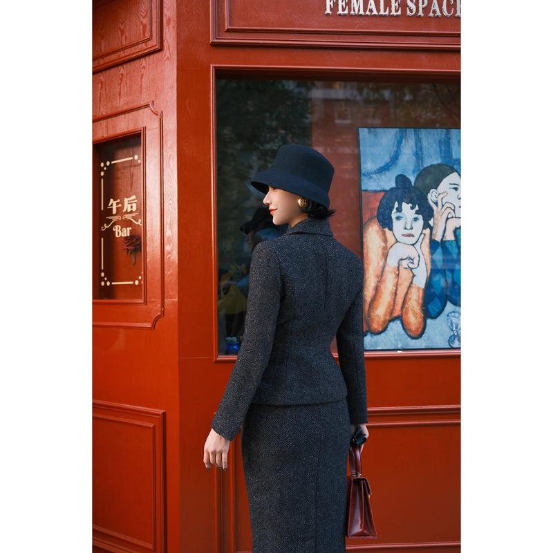 銀幕の貴婦人のツイードジャケットとペンシルスカート - Dark Black