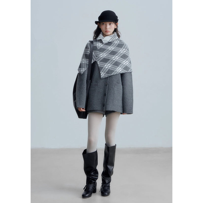 Checkered Cape and Grey Knit Cardigan