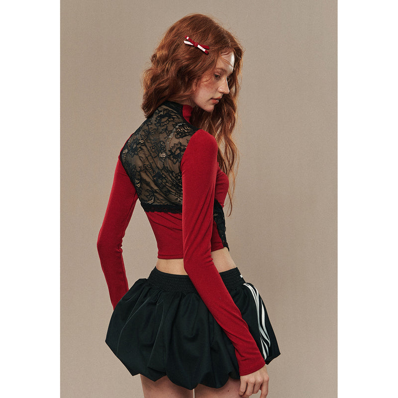 Ribbon Embroidery Slim Turtleneck Short Top