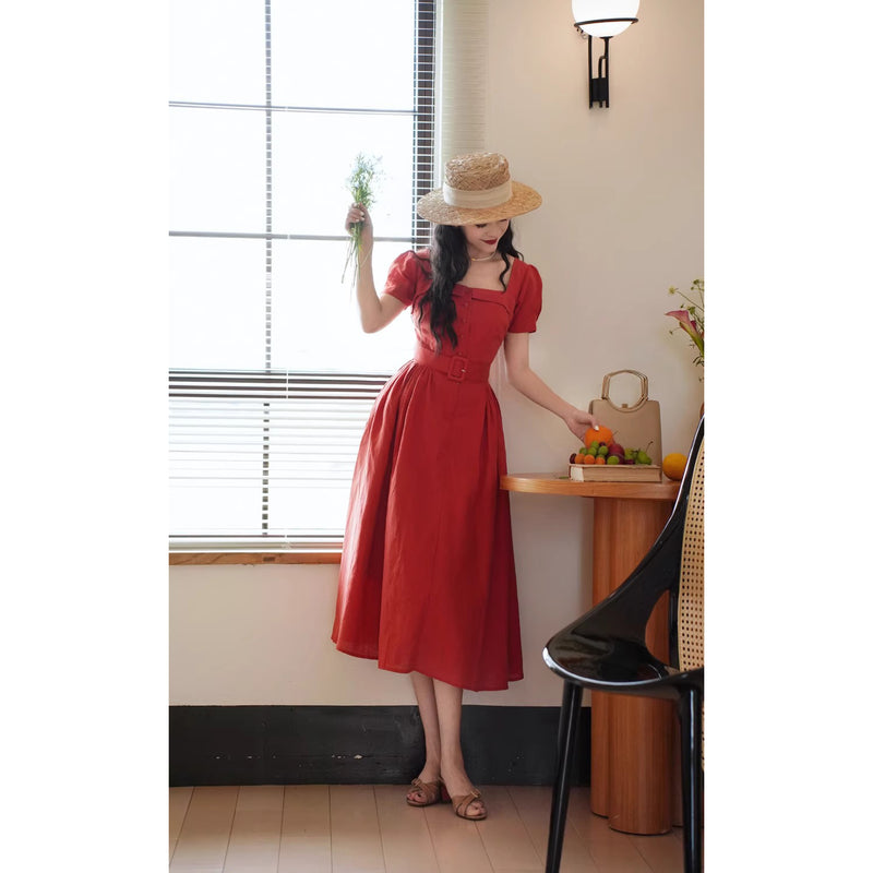 紅赤の貴婦人ヘップバーンワンピース