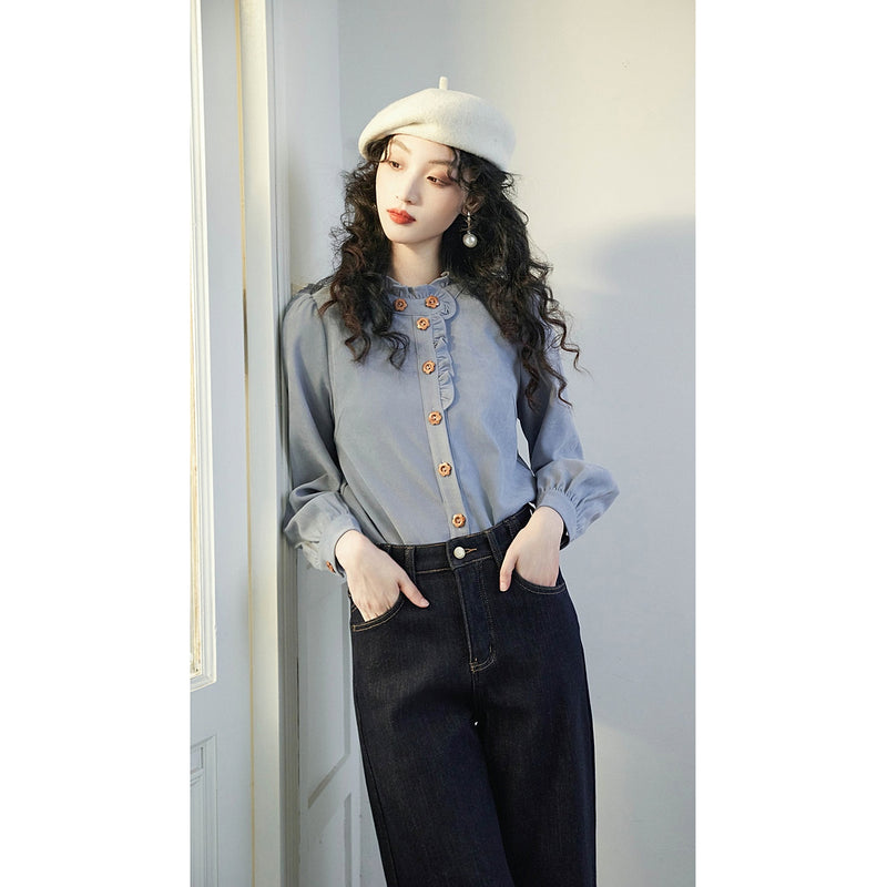 Gray Blue Ruffled Retro Blouse