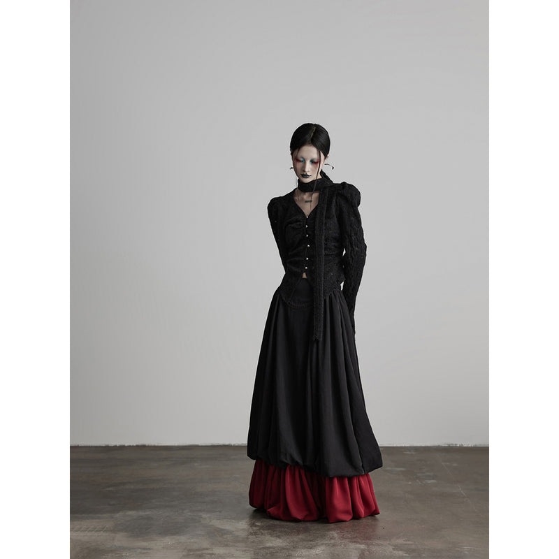 Black and Red Bicolor Layered Long Skirt