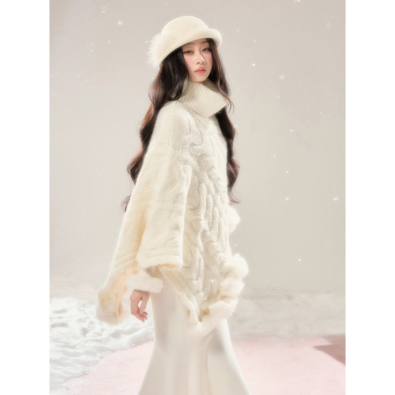 High-neck Knit Shawl Cape