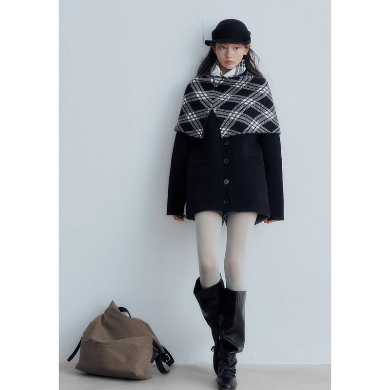 Checkered Cape and Black Knit Cardigan