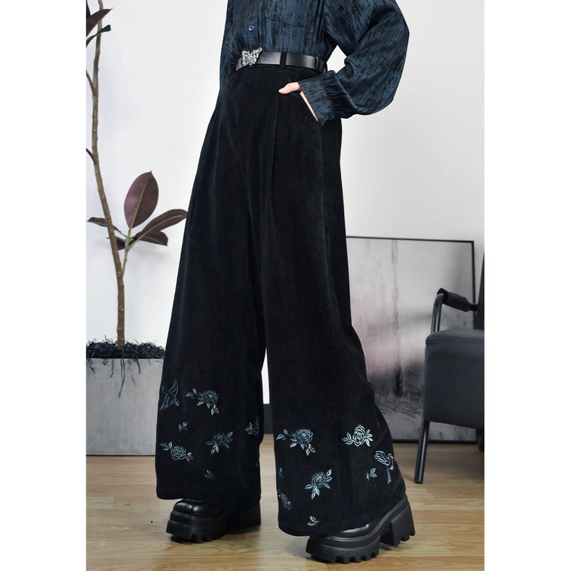 椿の花と鶯の刺繍ワイドパンツ