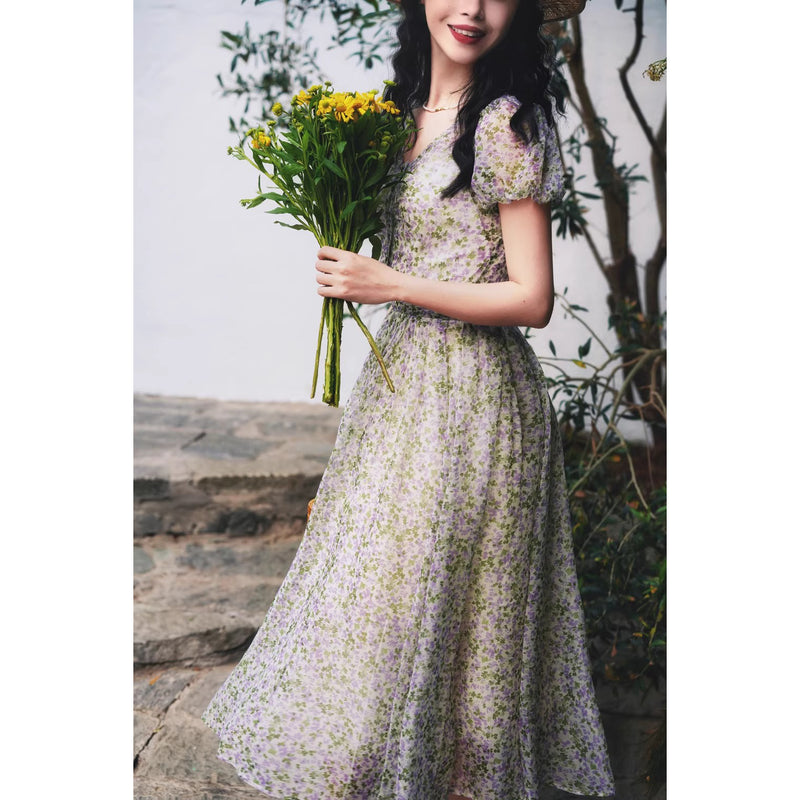 藍紫の花群集フレンチレトロワンピース