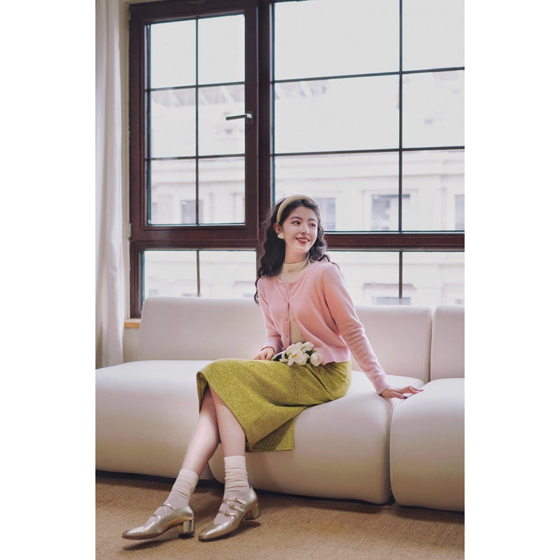 黄緑の若葉色ウールハーフスカート