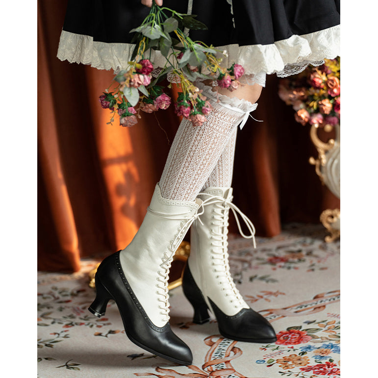 Victorian Pointed Toe Lace Up Boots - Black White