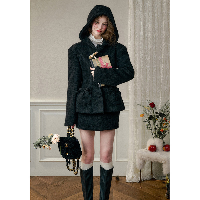 Black Hooded Jacket and Short Skirt