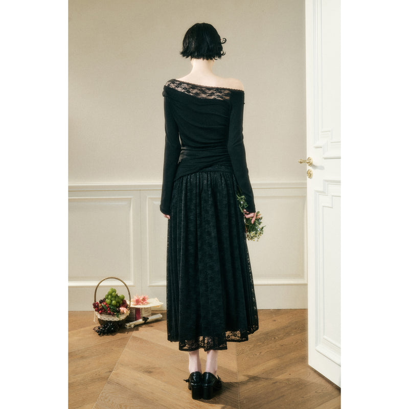 Rose Patterned Lace Top and Long Skirt - Black