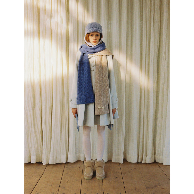 Frosty Blue Wool Pleated Coat with Ribbon