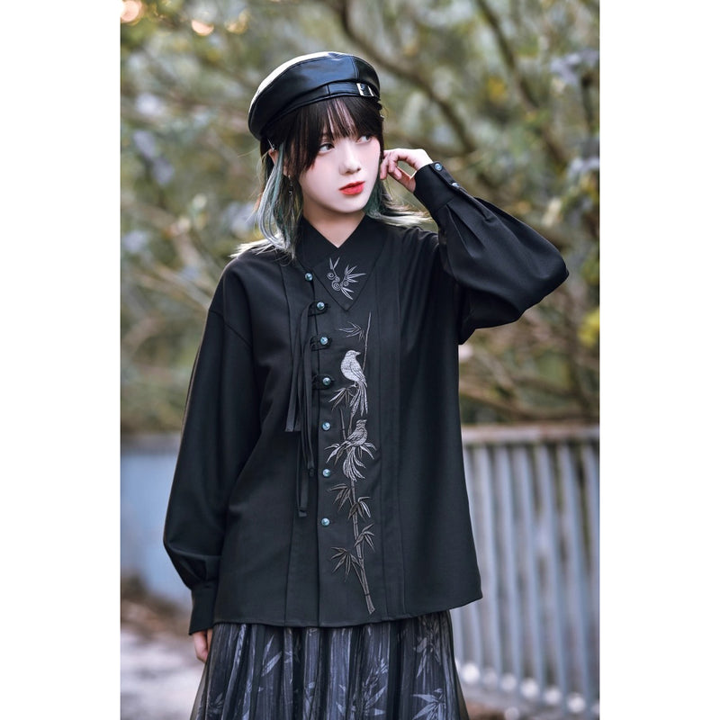 竹林の小鳥の刺繍ブラウス