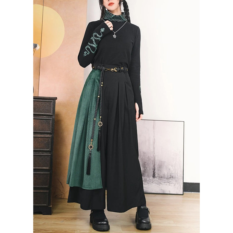 黒緑の蛇刺繍ドレープワイドパンツ