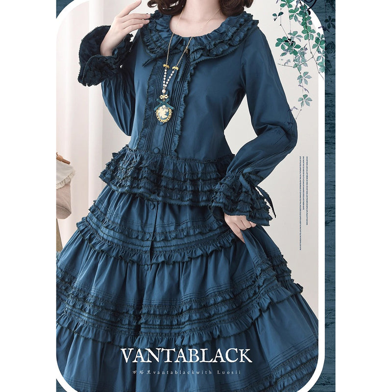 孔雀青のお嬢様のフリルトップスとティアードスカートとホワイトエプロン