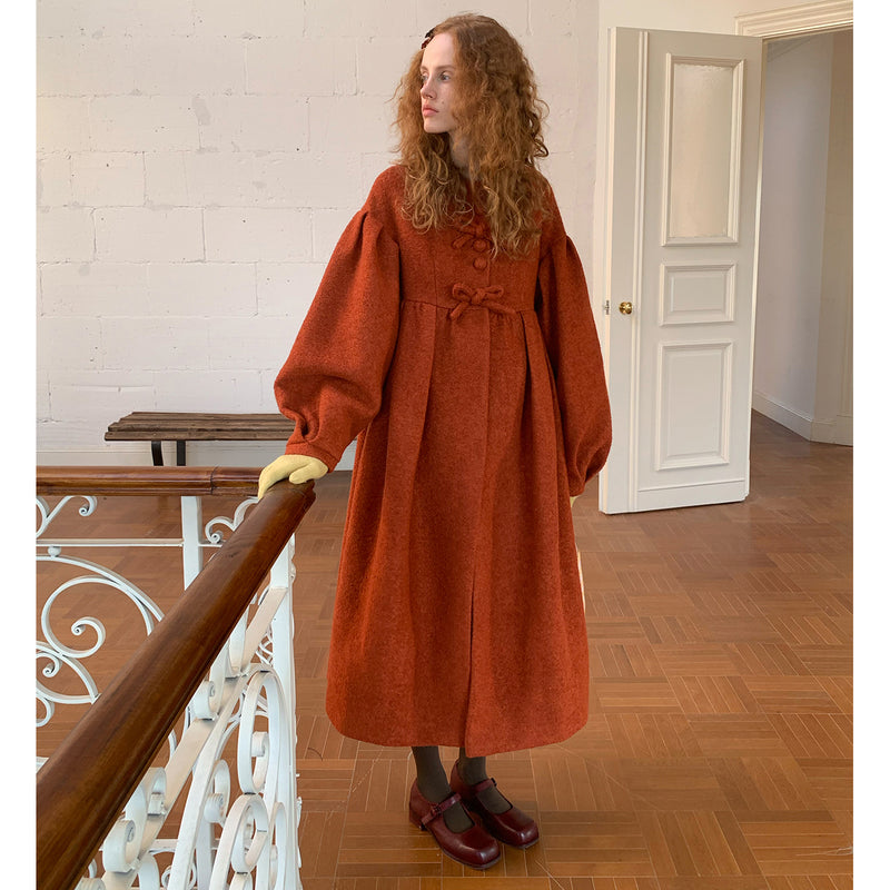 Camel Red Puffy Retro Wool Coat