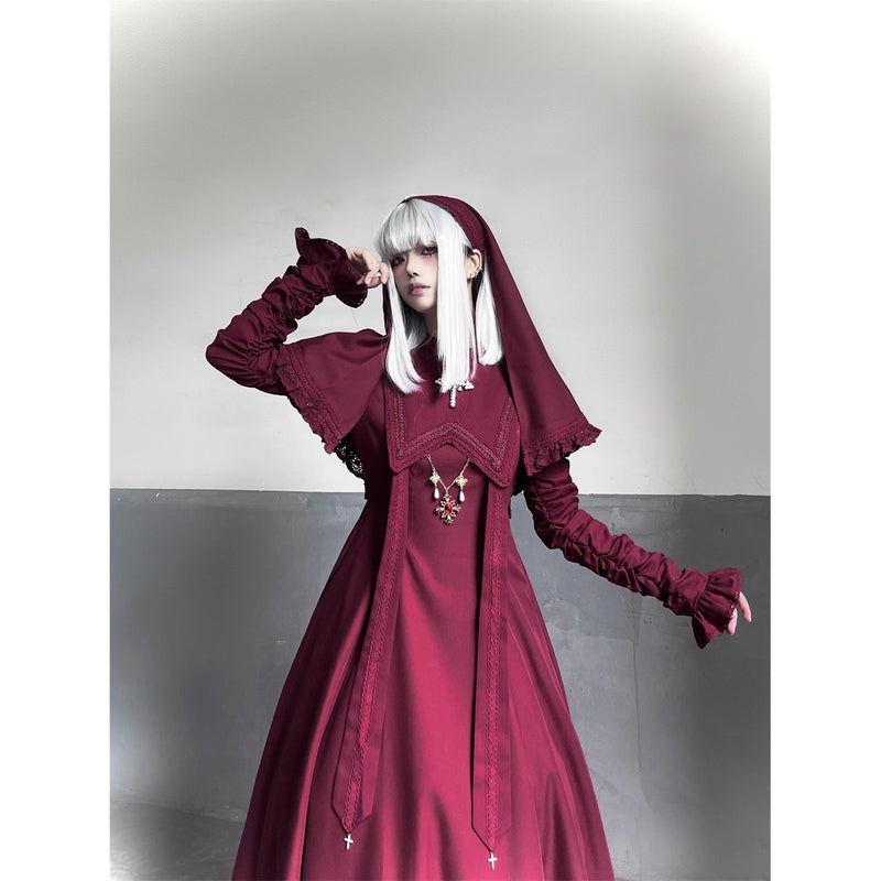 月夜の修道女の刺繍ベール - Wine Red[2025年12月上旬-2026年1月上旬発送予定]