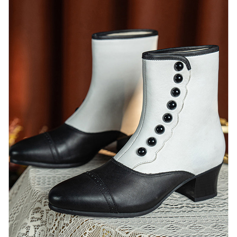 Victorian Round Toe Buttoned Short Boots - Black White