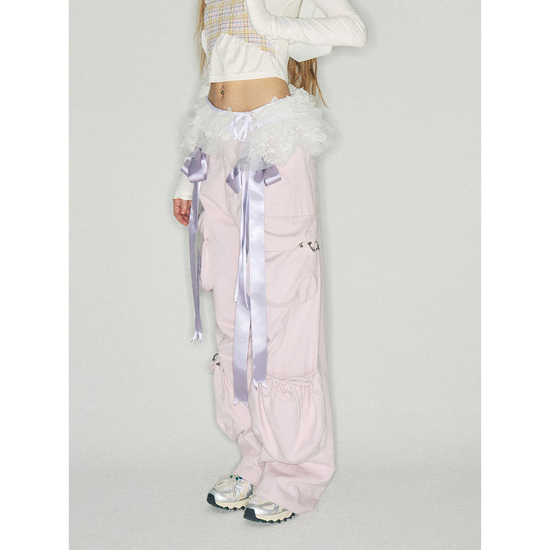 Pink Cargo Pants with Purple Ribbons