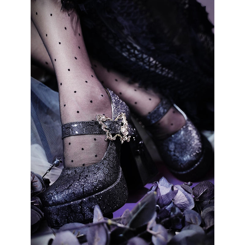 薔薇の花と蝶のゴシックヒールパンプス - Glitter Black