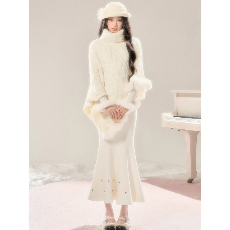 High-neck Knit Shawl Cape