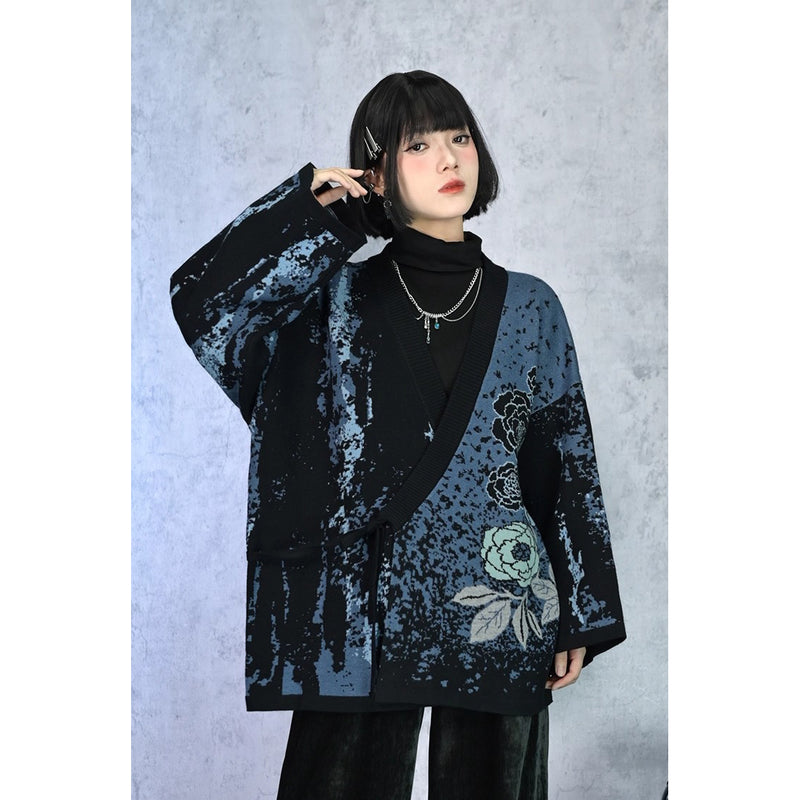 椿の花の刺繍アシンメトリーカーディガン