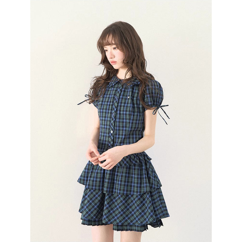 Blue and Green Checkered Tiered Dress