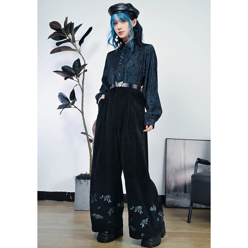 椿の花と鶯の刺繍ワイドパンツ