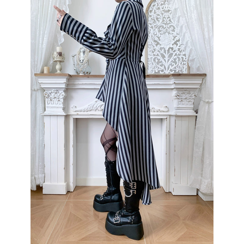 中世貴族のヴィクトリアンテールブラウス - Gray Block Stripe[2025年12月上旬-12月下旬発送予定]