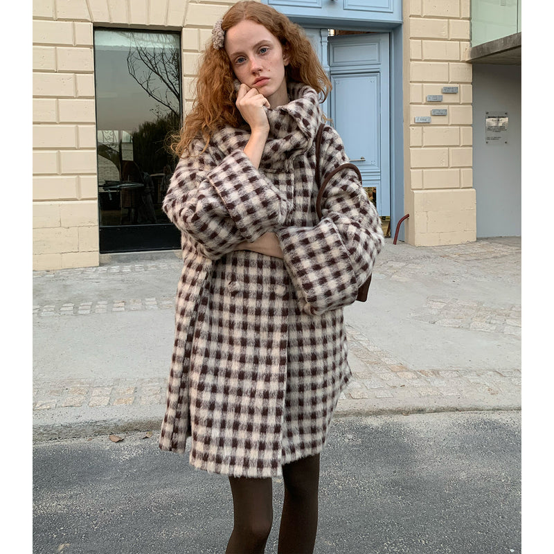 Dark Brown Plaid Snood Wool Coat