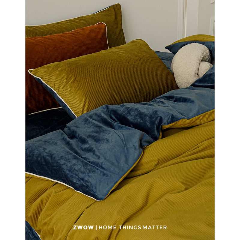 Gold Blue Velvet Bed Cover Set