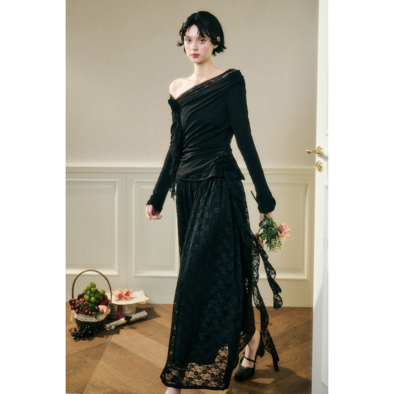 Rose Patterned Lace Top and Long Skirt - Black