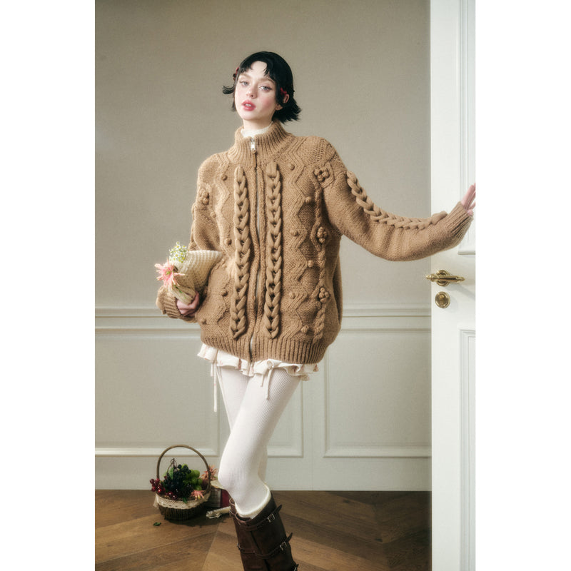 Hand-Knitted Cable Pattern Wool Knit Jacket