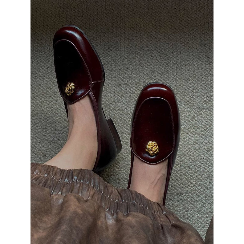 Camellia Leather Loafer Shoes - Burgundy