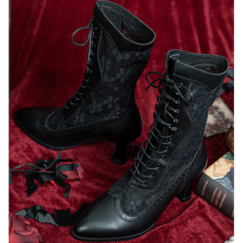 Victorian Lace Pointed Toe Lace Up Black Boots