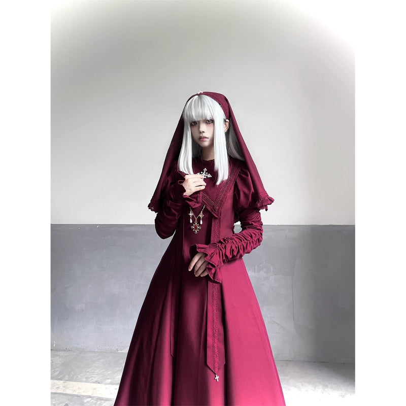 月夜の修道女の刺繍ベール - Wine Red[2025年12月上旬-2026年1月上旬発送予定]