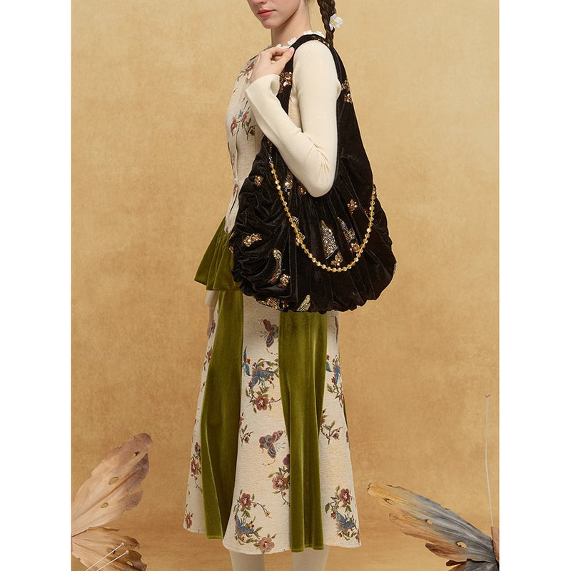 金色の蝶の刺繍ベルベットトートバッグ