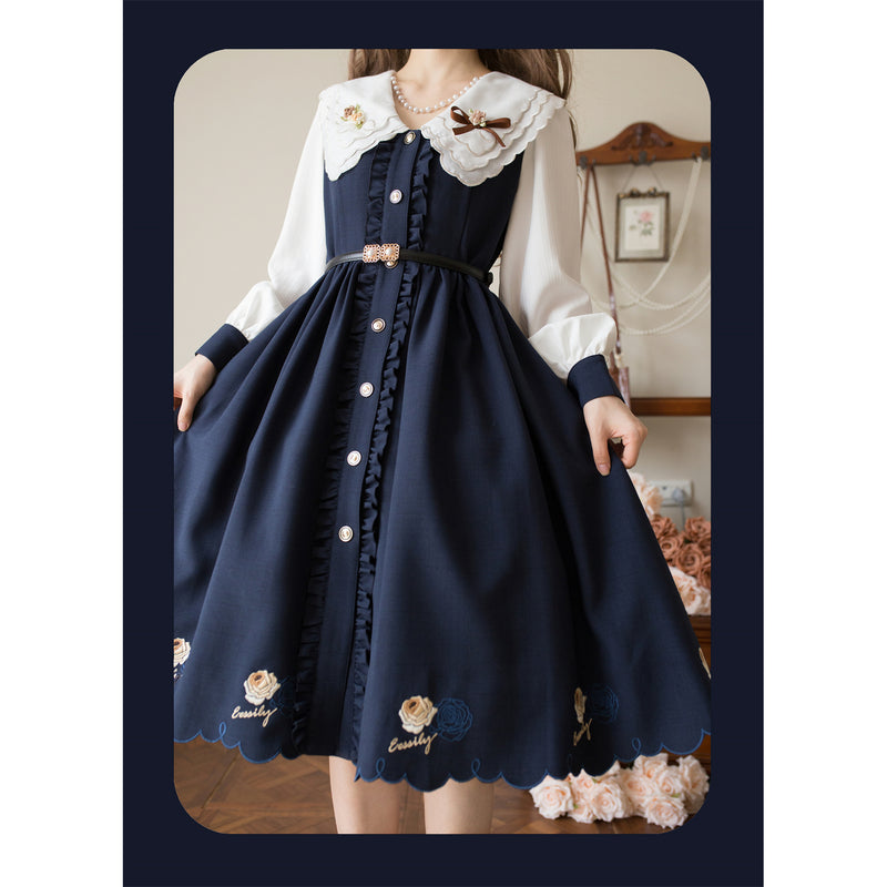 薔薇の花の刺繍ドッキングワンピース - Dark Navy