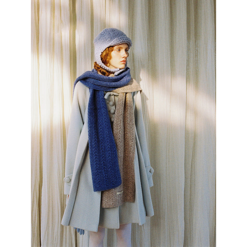 Frosty Blue Wool Pleated Coat with Ribbon