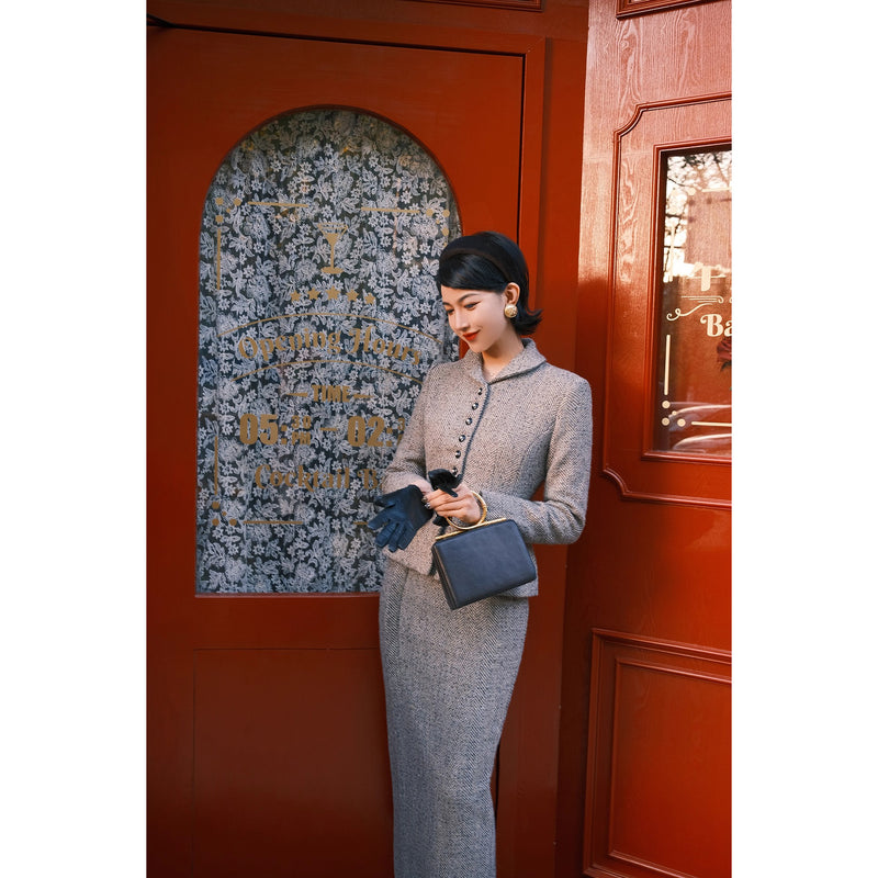 銀幕の貴婦人のツイードジャケットとペンシルスカート - Dark Gray