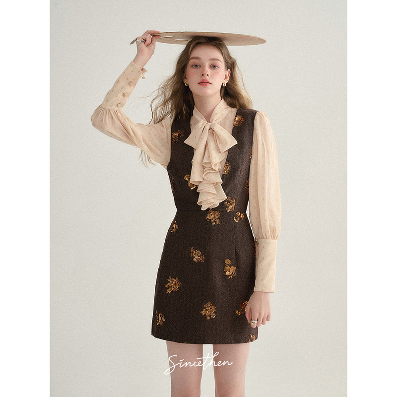 Brown Sequins Embroidered Jumper Skirt