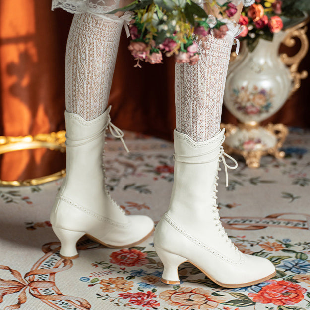 Victorian Pointed Toe Lace Up Boots - Ivory