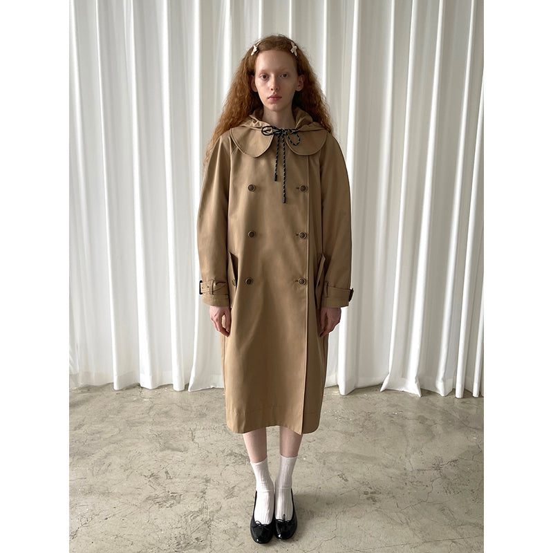 Khaki Doll Collar Detachable Hooded Trench Coat