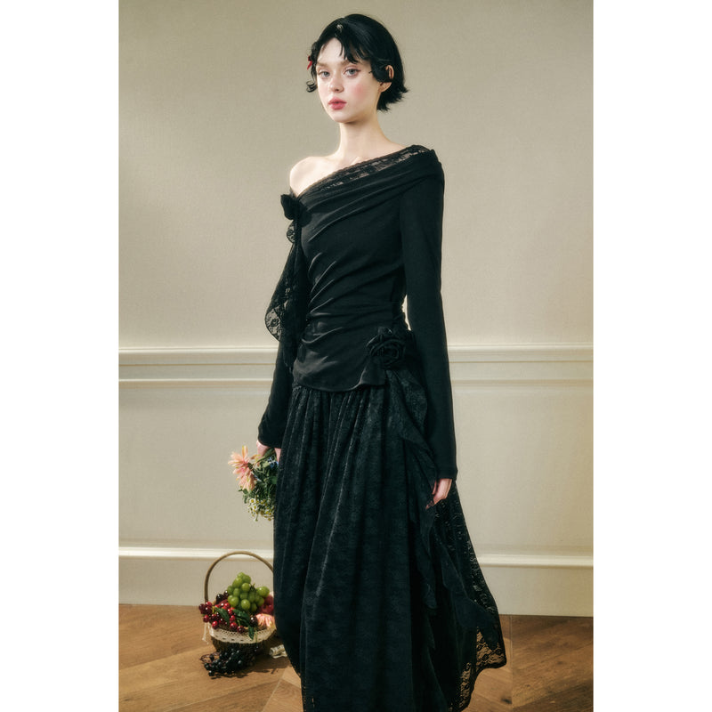 Rose Patterned Lace Top and Long Skirt - Black