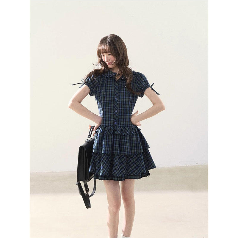 Blue and Green Checkered Tiered Dress