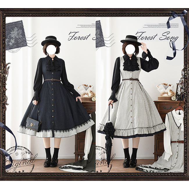 濃紺の縦縞クラシカルジャンパースカート - ロング丈[2025年12月下旬-2026年1月下旬発送予定]