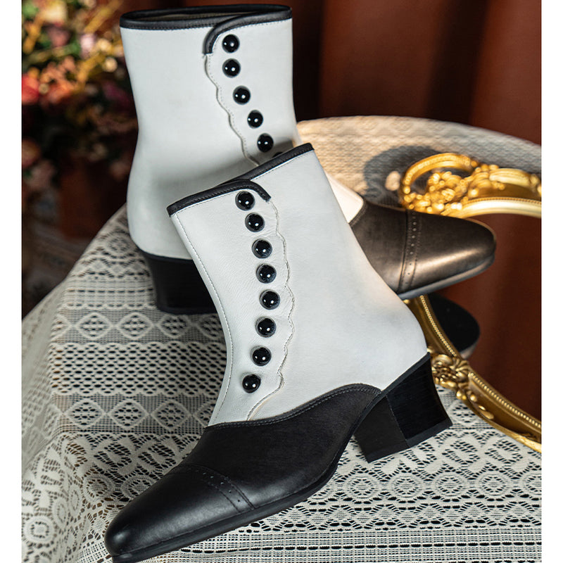 Victorian Round Toe Buttoned Short Boots - Black White